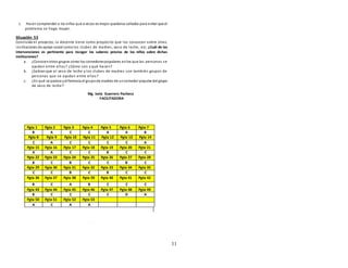 11
c. Hacer comprender a los niños que a veces es mejor quedarse callados para evitar que el
problema se haga mayor.
Situación 53
Concluido el proyecto, la docente tiene como propósito que los conozcan sobre otras
instituciones de apoyo social comolos clubes de madres, vaso de leche, etc. ¿Cuál de las
intervenciones es pertinente para recoger los saberes previos de los niños sobre dichas
instituciones?
a. ¿Conocenotros grupos como los comedorespopulares enlos que las personas se
ayudan entre ellas? ¿Cómo son y qué hacen?
b. ¿Sabian que el vaso de leche y los clubes de madres son también grupos de
personas que se ayudan entre ellas?
c. ¿En qué se parece ydiferencia el grupode madres de uncomedor popular del grupo
de vaso de leche?
Mg. Isela Guerrero Pacheco
FACILITADORA
.
Pgta 1 Pgta 2 Pgta 3 Pgta 4 Pgta 5 Pgta 6 Pgta 7
B A C C A A B
Pgta 8 Pgta 9 Pgta 10 Pgta 11 Pgta 12 Pgta 13 Pgta 14
C A C C C C A
Pgta 15 Pgta 16 Pgta 17 Pgta 18 Pgta 19 Pgta 20 Pgta 21
A A C C B C C
Pgta 22 Pgta 23 Pgta 24 Pgta 25 Pgta 26 Pgta 27 Pgta 28
B C B C C B C
Pgta 29 Pgta 30 Pgta 31 Pgta 32 Pgta 33 Pgta 34 Pgta 35
C C B C B C C
Pgta 36 Pgta 37 Pgta 38 Pgta 39 Pgta 40 Pgta 41 Pgta 42
B C A B C C C
Pgta 43 Pgta 44 Pgta 45 Pgta 46 Pgta 47 Pgta 48 Pgta 49
B C C C C D A
Pgta 50 Pgta 51 Pgta 52 Pgta 53
A C A A
 