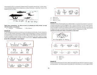 28
ordenamiento lineal, la orientación predominante de izquierda a derecha yde arriba abajo,
uso de diferentes tipos de letras (mayúsculas, cursivas, minúsculas, imprenta). Esta es una
evidencia de sus niños:
Según estas características los niños de maría y lo señalado por Emilia Ferreiro ¿en qué
nivel de escritura se encuentran?
a. Silábico b. Alfabético c. Pre-sílábico
Situación 33
El aprendizaje de la escritura nocomienza en la escuela sinomuchoantes. Desde temprana
edad, los niños intentanrepresentar sus ideas a través del garabato, el dibujo, acercándose
paulatinamente a la escritura. Cuandolos niños llegan al nivel silábico descubren que escribir
es partir la palabra enpartes sonoras y asignan a cada parte una letra, a veces sin valor
sonoroconvencionalyotras con valor sonoro convencional. Siendo así ¿cuál de los escritos
de los niños corresponden al nivel silábico?
a. Sólo 3 y 4
b. Solo 3, 4 y 5
c. Sólo 1, 2 , 3 y 4
Situación 34
Cuandoun niñoo niña descubre que la sílaba también se puede descomponer o partir en
sonidos elementales, es que ha llegado al nivel silábico alfabético En esta etapa todavía
escribe una grafía en lugar de la sílaba. Es aquí cuando los maestros decimos “s e come las
letras al escribir”. Esta es una prueba de que el niño se encuentra en una etapa importante de
la adquisición de la escritura y que hay que ayudar a reflexionar al niño.
¿Cuál de los escritos de los niños se encuentran en este nivel?
a. Solo la 1
b. Sólo 1 y 3
c. todas
Situación 35
Fiorela, maestra del grupode 4 años, pidióunos banderines para decorar el patio por motivo
de fiestas patrias. Las mamás trajeronlos banderines endos bolsas, una con el logode TOTUS
1
2
3
4
5
1
2
3
 