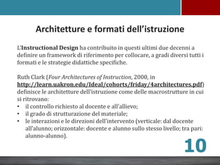 Architetture e formati dell’istruzione
L’Instructional Design ha contribuito in questi ultimi due decenni a
definire un framework di riferimento per collocare, a gradi diversi tutti i
formati e le strategie didattiche specifiche.
Ruth Clark (Four Architectures of Instruction, 2000, in
http://learn.uakron.edu/Ideal/cohorts/friday/4architectures.pdf)
definisce le architetture dell’istruzione come delle macrostrutture in cui
si ritrovano:
• il controllo richiesto al docente e all’allievo;
• il grado di strutturazione del materiale;
• le interazioni e le direzioni dell’intervento (verticale: dal docente
all’alunno; orizzontale: docente e alunno sullo stesso livello; tra pari:
alunno-alunno).
10
 