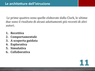 Le prime quattro sono quelle elaborate dalla Clark, le ultime
due sono il risultato di alcuni adattamenti più recenti di altri
autori.
1. Recettiva
2. Comportamentale
3. A scoperta guidata
4. Esplorativa
5. Simulativa
6. Collaborativa
11
Le architetture dell’istruzione
 