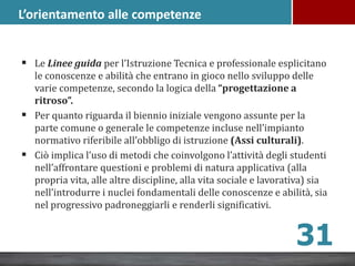 L’orientamento alle competenze
 Le Linee guida per l’Istruzione Tecnica e professionale esplicitano
le conoscenze e abilità che entrano in gioco nello sviluppo delle
varie competenze, secondo la logica della “progettazione a
ritroso”.
 Per quanto riguarda il biennio iniziale vengono assunte per la
parte comune o generale le competenze incluse nell’impianto
normativo riferibile all’obbligo di istruzione (Assi culturali).
 Ciò implica l’uso di metodi che coinvolgono l’attività degli studenti
nell’affrontare questioni e problemi di natura applicativa (alla
propria vita, alle altre discipline, alla vita sociale e lavorativa) sia
nell’introdurre i nuclei fondamentali delle conoscenze e abilità, sia
nel progressivo padroneggiarli e renderli significativi.
31
 