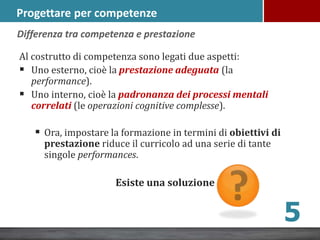 Progettare per competenze
Al costrutto di competenza sono legati due aspetti:
 Uno esterno, cioè la prestazione adeguata (la
performance).
 Uno interno, cioè la padronanza dei processi mentali
correlati (le operazioni cognitive complesse).
 Ora, impostare la formazione in termini di obiettivi di
prestazione riduce il curricolo ad una serie di tante
singole performances.
Esiste una soluzione
5
Differenza tra competenza e prestazione
 