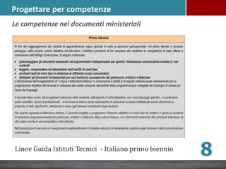 Progettare per competenze
Linee Guida Istituti Tecnici - Italiano primo biennio
8
Le competenze nei documenti ministeriali
 