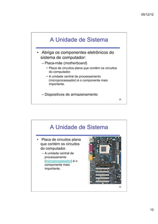 05/12/12




        A Unidade de Sistema

•  Abriga os componentes eletrônicos do
   sistema de computador:
  –  Placa-mãe (motherboard)
     •  Placa de circuitos plana que contém os circuitos
        do computador.
     •  A unidade central de processamento
        (microprocessador) é o componente mais
        importante.


  –  Dispositivos de armazenamento
                                                           29




        A Unidade de Sistema
•  Placa de circuitos plana
   que contém os circuitos
   do computador.
  –  A unidade central de
     processamento
     (microprocessador) é o
     componente mais
     importante.




                                                           30




                                                                     15
 