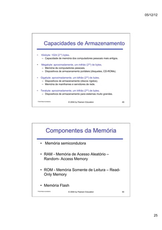 05/12/12




           Capacidades de Armazenamento
•      Kilobyte: 1024 (210) bytes.
       –  Capacidade de memória dos computadores pessoais mais antigos.

•      Megabyte: aproximadamente, um milhão (220) de bytes.
       –  Memória de computadores pessoais.
       –  Dispositivos de armazenamento portáteis (disquetes, CD-ROMs).

•     Gigabyte: aproximadamente, um bilhão (230) de bytes.
       –  Dispositivos de armazenamento (discos rígidos).
       –  Memória de mainframes e servidores de rede.

•     Terabyte: aproximadamente, um trilhão (240) de bytes.
       –  Dispositivos de armazenamento para sistemas muito grandes.

 Profa Maria Auxiliadora
                              © 2004 by Pearson Education                 49




               Componentes da Memória
     •  Memória semicondutora

     •  RAM - Memória de Acesso Aleatório –
        Random- Access Memory

     •  ROM - Memória Somente de Leitura – Read-
        Only Memory

     •  Memória Flash
 Profa Maria Auxiliadora
                              © 2004 by Pearson Education                 50




                                                                                    25
 