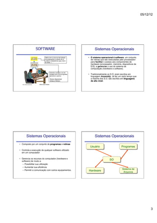 05/12/12




                 SOFTWARE                                      Sistemas Operacionais

                                                         •  O sistema operacional é software: um conjunto
                                                            de rotinas que são executadas pelo processador
                                                            para facilitar o acesso aos componentes de
                                                            hardware (processador, memória, dispositivos de
                                                            E/S), e gerenciar o uso do sistema de
                                                            computação (hardware e software).

                                                         •  Tradicionalmente os S.O. eram escritos em
                                                            linguagem Assembly. Já faz um certo tempo que
                                                            a maioria dos S.O. são escritos em linguagens
                                                            de alto nível.




       Sistemas Operacionais                                   Sistemas Operacionais
•  Composto por um conjunto de programas e rotinas
                                                          Usuário                          Programas
•  Controla a execução de qualquer software utilizado
   em um computador

•  Gerencia os recursos do computador (hardware e
   software) de modo a:
                                                                               SO
    –  Possibilitar sua utilização
    –  Aumentar sua eficiência
    –  Permitir a comunicação com outros equipamentos.                                      Sistema de
                                                         Hardware                            Arquivos




                                                                                                                    3
 