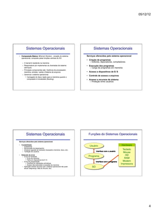 05/12/12




           Sistemas Operacionais                                                 Sistemas Operacionais
•  Composição Básica àKernel (Núcleo) - coração do sistema               Serviços oferecidos pelo sistema operacional
   operacional, composto pelas funções centrais do SO
                                                                          •  Criação de programas
                                                                              –  Editores, depuradores, compiladores
      –  O kernel é residente na memória
      –  Responsável por implementar as chamadas de sistema               •  Execução dos programas
         (serviços)                                                           –  Carga de programas em memória
      –  Principais componentes são: Gerência de processador,
         memória, entrada / saída e Sistema de arquivos                   •  Acesso a dispositivos de E/ S
      –  Gerencia o sistema operacional.
                                                                          •  Controle de acesso a arquivos
           •  Carregado do disco rígido para a memória quando o
              computador é inicializado (Booting).                        •  Acesso a recursos de sistema
                                                                              –  Proteção entre usuários




           Sistemas Operacionais                                            Funções do Sistemas Operacionais

Serviços oferecidos pelo sistema operacional

•    Contabilidade
                                                                             Usuário                            Hardware
      –  Estatísticas
      –  Monitoração de desempenho
      –  Sinalizar upgrade de hardware necessário (memória, disco, etc)                                          Teclado
      –  Tarifação de usuários                                                      Interface com o usuário
                                                                                                                  Mouse
•    Detecção de erros
                                                                            Programa                               HD
      –  Erros de hardware
           •  Erros de memória                                                                                    RAM
           •  Falha em dispositivos de E/ S
      –  Erros de programação                                                       Interface com o programa     Modem
           •  Overflow em operações aritméticas
           •  Acesso não-autorizado a posições de memória
                                                                                                               Impressora
      –  Aplicação solicita recursos que o sistema operacional não pode        SO
         alocar (segurança, falta do recurso, etc)




                                                                                                                                  4
 