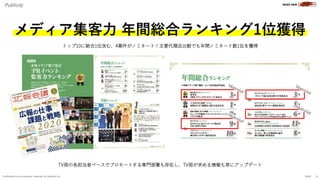 8
PAGE
Confidential and proprietary materials for Material Inc.
Publicity
メディア集客力 年間総合ランキング1位獲得
トップ10に総合1位含む、4案件がノミネート！主要代...