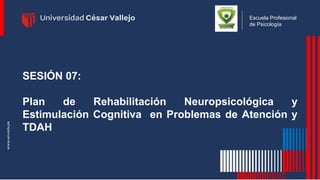 Escuela Profesional
de Psicología
SESIÓN 07:
Plan de Rehabilitación Neuropsicológica y
Estimulación Cognitiva en Problemas de Atención y
TDAH
 