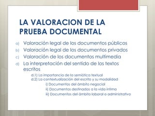 LA VALORACION DE LA
PRUEBA DOCUMENTAL
a) Valoración legal de los documentos públicos
b) Valoración legal de los documentos privados
c) Valoración de los documentos multimedia
d) La interpretación del sentido de los textos
escritos
d.1) La importancia de la semiótica textual
d.2) La contextualización del escrito y su modalidad
i) Documentos del ámbito negocial
ii) Documentos destinados a la vida íntima
iii) Documentos del ámbito laboral o administrativo
 