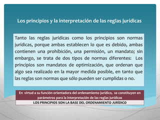 Tanto las reglas jurídicas como los principios son normas
jurídicas, porque ambas establecen lo que es debido, ambas
contienen una prohibición, una permisión, un mandato; sin
embargo, se trata de dos tipos de normas diferentes: Los
principios son mandatos de optimización, que ordenan que
algo sea realizado en la mayor medida posible, en tanto que
las reglas son normas que sólo pueden ser cumplidas o no.
Los principios y la interpretación de las reglas jurídicas
En virtud a su función orientadora del ordenamiento jurídico, se constituyen en
parámetros para la interpretación de las reglas jurídicas
LOS PRINCIPIOS SON LA BASE DEL ORDENAMIENTO JURÍDICO
 