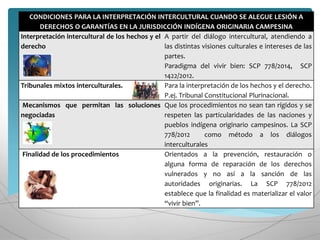 CONDICIONES PARA LA INTERPRETACIÓN INTERCULTURAL CUANDO SE ALEGUE LESIÓN A
DERECHOS O GARANTÍAS EN LA JURISDICCIÓN INDÍGENA ORIGINARIA CAMPESINA
Interpretación intercultural de los hechos y el
derecho
A partir del diálogo intercultural, atendiendo a
las distintas visiones culturales e intereses de las
partes.
Paradigma del vivir bien: SCP 778/2014, SCP
1422/2012.
Tribunales mixtos interculturales. Para la interpretación de los hechos y el derecho.
P.ej. Tribunal Constitucional Plurinacional.
Mecanismos que permitan las soluciones
negociadas
Que los procedimientos no sean tan rígidos y se
respeten las particularidades de las naciones y
pueblos indígena originario campesinos. La SCP
778/2012 como método a los diálogos
interculturales
Finalidad de los procedimientos Orientados a la prevención, restauración o
alguna forma de reparación de los derechos
vulnerados y no así a la sanción de las
autoridades originarias. La SCP 778/2012
establece que la finalidad es materializar el valor
“vivir bien”.
 
