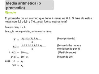 El promedio de un alumno que tiene 4 notas es 6,2. Si tres de estas
notas son 5,5 ; 6,5 y 7,0, ¿cuál fue su cuarta nota?
Ejemplo
En este caso, n = 4.
(Reemplazando)
Sea x4 la nota que falta, entonces se tiene:
x =
x1 + x2 + x3 + x4
4
6,2 =
5,5 + 6,5 + 7,0 + x4
4
4  6,2 = 19 + x4
24,8 = 19 + x4
24,8 – 19 = x4
5,8 = x4
(Sumando las notas y
multiplicando por 4)
(Restando 19)
(Multiplicando)
Media aritmética (o
promedio)
 