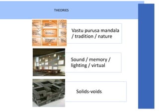 THEORIES
Vastu purusa mandala
/ tradition / nature
Sound / memory /
lighting / virtual
Solids-voids
 