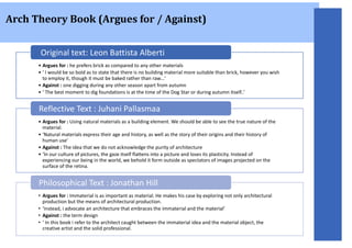 Arch Theory Book (Argues for / Against)
• Argues for : he prefers brick as compared to any other materials
• ‘ I would be so bold as to state that there is no building material more suitable than brick, however you wish
to employ it, though it must be baked rather than raw…’
• Against : one digging during any other season apart from autumn
• ‘ The best moment to dig foundations is at the time of the Dog Star or during autumn itself..’
Original text: Leon Battista Alberti
• Argues for : Using natural materials as a building element. We should be able to see the true nature of the
material.
• ‘Natural materials express their age and history, as well as the story of their origins and their history of
human use’
• Against : The idea that we do not acknowledge the purity of architecture
• ‘In our culture of pictures, the gaze itself flattens into a picture and loses its plasticity. Instead of
experiencing our being in the world, we behold it form outside as spectators of images projected on the
surface of the retina.
Reflective Text : Juhani Pallasmaa
• Argues for : Immaterial is as important as material. He makes his case by exploring not only architectural
production but the means of architectural production.
• ‘instead, i advocate an architecture that embraces the immaterial and the material’
• Against : the term design
• ‘ In this book i refer to the architect caught between the immaterial idea and the material object, the
creative artist and the solid professional.
Philosophical Text : Jonathan Hill
 