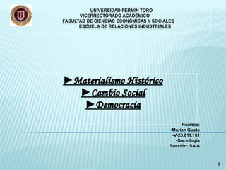 UNIVERSIDAD FERMÍN TORO
VICERRECTORADO ACADÉMICO
FACULTAD DE CIENCIAS ECONÓMICAS Y SOCIALES
ESCUELA DE RELACIONES INDUSTRIALES
1
Nombre:
•Marian Guete
•V-23.811.181
•Sociología
Sección: SAIA
 