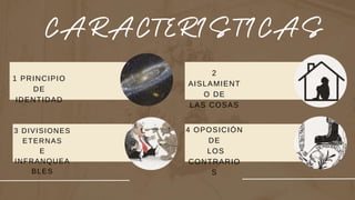 1 PRINCIPIO
DE
IDENTIDAD
2
AISLAMIENT
O DE
LAS COSAS
3 DIVISIONES
ETERNAS
E
INFRANQUEA
BLES
4 OPOSICIÓN
DE
LOS
CONTRARIO
S
 