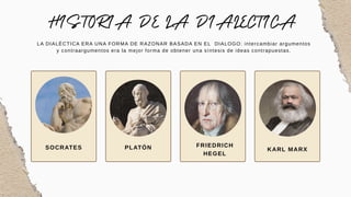 SOCRATES
LA DIALÉCTICA ERA UNA FORMA DE RAZONAR BASADA EN EL DIALOGO: intercambiar argumentos
y contraargumentos era la mejor forma de obtener una síntesis de ideas contrapuestas.
PLATÓN KARL MARX
FRIEDRICH
HEGEL
 