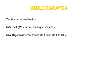 BIBLIOGRAFIA Textos de la institución Internet (Wikipedia, monografias,etc) Investigaciones realizadas de libros de filosofía 