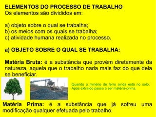 ELEMENTOS DO PROCESSO DE TRABALHO
Os elementos são divididos em:
a) objeto sobre o qual se trabalha;
b) os meios com os quais se trabalha;
c) atividade humana realizada no processo.
a) OBJETO SOBRE O QUAL SE TRABALHA:
Matéria Bruta: é a substância que provém diretamente da
natureza, aquela que o trabalho nada mais faz do que dela
se beneficiar.
Quando o minério de ferro ainda está no solo.
Após extraído passa a ser matéria-prima.

Matéria Prima: é a substância que já sofreu uma
modificação qualquer efetuada pelo trabalho.

 
