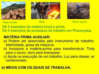 Papel, móveis

Metal

Etanol, açúcar

Dê 5 exemplos de matéria bruta e prima.
Dê 5 exemplos de processos de trabalho em Piracanjuba.
MATÉRIA PRIMA AUXILIAR:
a) Podem ser absorvidas pelo instrumento de trabalho:
eletricidade, graxa da máquina.
b) Incorpora a matéria-prima para transformá-la: Tinta
para o couro, cloro para branquear.
c) Ajuda na execução de um trabalho: Luz para clarear, ar
condicionado.
b) MEIOS COM OS QUAIS SE TRABALHA:

 