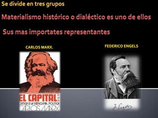 Se divide en tres gruposMaterialismo histórico o dialécticoes uno de ellos Sus mas importates representantes Federico EngelsCarlos Marx. 