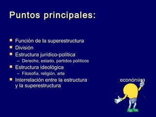 Puntos principales:Puntos principales:
 Función de la superestructuraFunción de la superestructura
 DivisiónDivisión
 Estructura jurídico-políticaEstructura jurídico-política
– Derecho, estado, partidos políticosDerecho, estado, partidos políticos
 Estructura ideológicaEstructura ideológica
– Filosofía, religión, arteFilosofía, religión, arte
 Interrelación entre la estructuraInterrelación entre la estructura económicaeconómica
y la superestructuray la superestructura
 