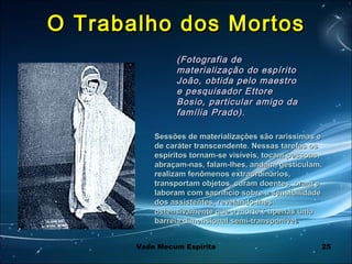 25
O Trabalho dos MortosO Trabalho dos Mortos
(Fotografia de(Fotografia de
materialização do espíritomaterialização do espírito
João, obtida pelo maestroJoão, obtida pelo maestro
e pesquisador Ettoree pesquisador Ettore
Bosio, particular amigo daBosio, particular amigo da
família Prado)família Prado)..
Sessões de materializações são raríssimas eSessões de materializações são raríssimas e
de caráter transcendente. Nessas tarefas osde caráter transcendente. Nessas tarefas os
espíritos tornam-se visíveis, tocam pessoas,espíritos tornam-se visíveis, tocam pessoas,
abraçam-nas, falam-lhes, andam, gesticulam,abraçam-nas, falam-lhes, andam, gesticulam,
realizam fenômenos extraordinários,realizam fenômenos extraordinários,
transportam objetos, curam doentes, oram etransportam objetos, curam doentes, oram e
laboram com sacrifício sobre a sensibilidadelaboram com sacrifício sobre a sensibilidade
dos assistentes, revelando-lhesdos assistentes, revelando-lhes
ostensivamente que a morte é apenas umaostensivamente que a morte é apenas uma
barreia dimensional semi-transponívelbarreia dimensional semi-transponível.
Vade Mecum Espírita
 