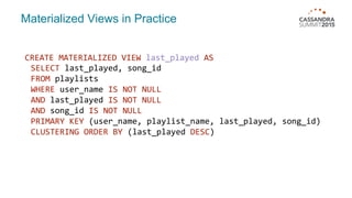 Materialized Views in Practice
CREATE MATERIALIZED VIEW last_played AS
SELECT last_played, song_id
FROM playlists
WHERE user_name IS NOT NULL
AND last_played IS NOT NULL
AND song_id IS NOT NULL
PRIMARY KEY (user_name, playlist_name, last_played, song_id)
CLUSTERING ORDER BY (last_played DESC)
 