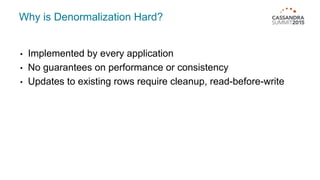 Why is Denormalization Hard?
• Implemented by every application
• No guarantees on performance or consistency
• Updates to existing rows require cleanup, read-before-write
 
