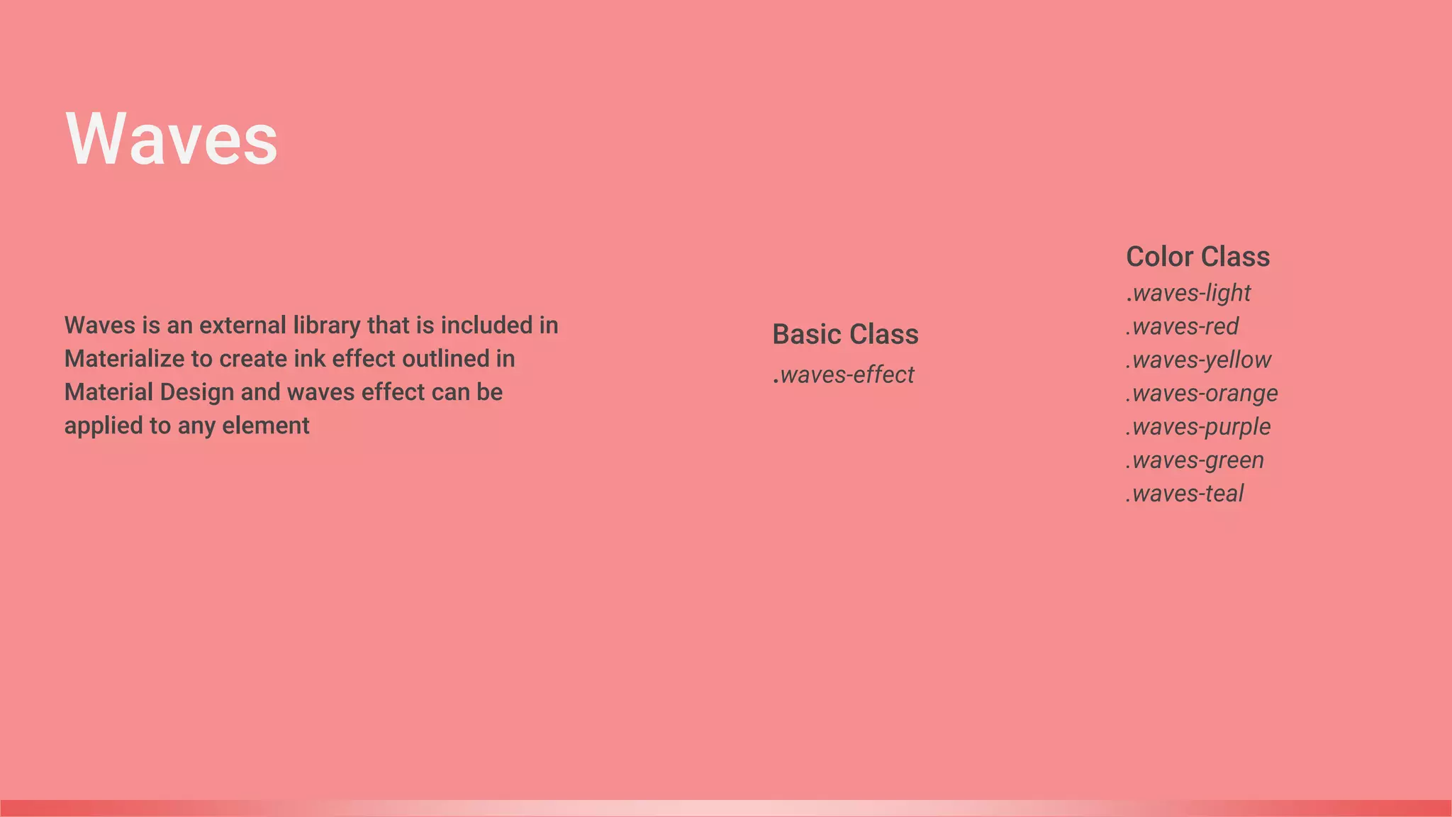 Waves
Basic Class
.waves-effect
Color Class
.waves-light
.waves-red
.waves-yellow
.waves-orange
.waves-purple
.waves-green
.waves-teal
Waves is an external library that is included in
Materialize to create ink effect outlined in
Material Design and waves effect can be
applied to any element
 