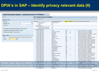 May 10, 2016 Page 20
DPIA’s in SAP – Identify privacy relevant data (II)
Another useful step is to identify if you actually store privacy relevant data in SAP – and this should
be assessed at least once a year. Audit Information System reports can support you in this task.
 