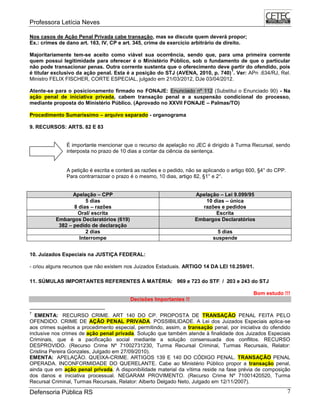 Professora Letícia Neves
Defensoria Pública RS 7
Nos casos de Ação Penal Privada cabe transação, mas se discute quem deverá propor;
Ex.: crimes de dano art. 163, IV, CP e art. 345, crime de exercício arbitrário de direito.
Majoritariamente tem-se aceito como viável sua ocorrência, sendo que, para uma primeira corrente
quem possui legitimidade para oferecer é o Ministério Público, sob o fundamento de que o particular
não pode transacionar penas. Outra corrente sustenta que o oferecimento deve partir do ofendido, pois
é titular exclusivo da ação penal. Esta é a posição do STJ (AVENA, 2010, p. 740)
7
. Ver: APn .634/RJ, Rel.
Ministro FELIX FISCHER, CORTE ESPECIAL, julgado em 21/03/2012, DJe 03/04/2012.
Atente-se para o posicionamento firmado no FONAJE: Enunciado nº 112 (Substitui o Enunciado 90) - Na
ação penal de iniciativa privada, cabem transação penal e a suspensão condicional do processo,
mediante proposta do Ministério Público. (Aprovado no XXVII FONAJE – Palmas/TO)
Procedimento Sumaríssimo – arquivo separado - organograma
9. RECURSOS: ARTS. 82 E 83
É importante mencionar que o recurso de apelação no JEC é dirigido à Turma Recursal, sendo
interposta no prazo de 10 dias a contar da ciência da sentença.
A petição é escrita e conterá as razões e o pedido, não se aplicando o artigo 600, §4° do CPP.
Para contrarrazoar o prazo é o mesmo, 10 dias, artigo 82, §1° e 2°.
Apelação – CPP Apelação – Lei 9.099/95
5 dias
8 dias – razões
10 dias – única
razões e pedidos
Oral/ escrita Escrita
Embargos Declaratórios (619)
382 – pedido de declaração
Embargos Declaratórios
2 dias 5 dias
Interrompe suspende
10. Juizados Especiais na JUSTIÇA FEDERAL:
- criou alguns recursos que não existem nos Juizados Estaduais. ARTIGO 14 DA LEI 10.259/01.
11. SÚMULAS IMPORTANTES REFERENTES À MATÉRIA: 969 e 723 do STF / 203 e 243 do STJ
Bom estudo !!!
Decisões Importantes !!
7
EMENTA: RECURSO CRIME. ART 140 DO CP. PROPOSTA DE TRANSAÇÃO PENAL FEITA PELO
OFENDIDO. CRIME DE AÇÃO PENAL PRIVADA. POSSIBILIDADE. A Lei dos Juizados Especiais aplica-se
aos crimes sujeitos a procedimento especial, permitindo, assim, a transação penal, por iniciativa do ofendido
inclusive nos crimes de ação penal privada. Solução que também atende à finalidade dos Juizados Especiais
Criminais, que é a pacificação social mediante a solução consensuada dos conflitos. RECURSO
DESPROVIDO. (Recurso Crime Nº 71002731230, Turma Recursal Criminal, Turmas Recursais, Relator:
Cristina Pereira Gonzales, Julgado em 27/09/2010).
EMENTA: APELAÇÃO. QUEIXA-CRIME. ARTIGOS 139 E 140 DO CÓDIGO PENAL. TRANSAÇÃO PENAL
OPERADA. INCONFORMIDADE DO QUERELANTE. Cabe ao Ministério Público propor a transação penal,
ainda que em ação penal privada. A disponibilidade material da vítima reside na fase prévia de composição
dos danos e iniciativa processual. NEGARAM PROVIMENTO. (Recurso Crime Nº 71001420520, Turma
Recursal Criminal, Turmas Recursais, Relator: Alberto Delgado Neto, Julgado em 12/11/2007).
 