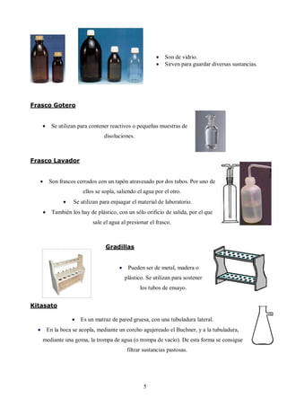    Son de vidrio.
                                                               Sirven para guardar diversas sustancias.




Frasco Gotero


           Se utilizan para contener reactivos o pequeñas muestras de
                                   disoluciones.



Frasco Lavador


          Son frascos cerrados con un tapón atravesado por dos tubos. Por uno de
                         ellos se sopla, saliendo el agua por el otro.
                    Se utilizan para enjuagar el material de laboratorio.
           También los hay de plástico, con un sólo orificio de salida, por el que
                              sale el agua al presionar el frasco.



                                   Gradillas


                                              Pueden ser de metal, madera o
                                              plástico. Se utilizan para sostener
                                                    los tubos de ensayo.


Kitasato

                        Es un matraz de pared gruesa, con una tubuladura lateral.
         En la boca se acopla, mediante un corcho agujereado el Buchner, y a la tubuladura,
      mediante una goma, la trompa de agua (o trompa de vacío). De esta forma se consigue
                                              filtrar sustancias pastosas.




                                                      5
 