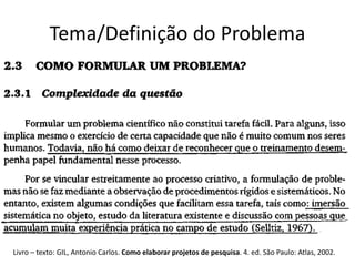 Tema/Definição do Problema
Livro – texto: GIL, Antonio Carlos. Como elaborar projetos de pesquisa. 4. ed. São Paulo: Atlas, 2002.
 