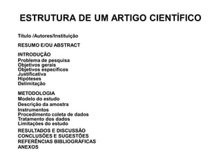 ESTRUTURA DE UM ARTIGO CIENTÍFICO
Título /Autores/Instituição
RESUMO E/OU ABSTRACT
INTRODUÇÃO
Problema de pesquisa
Objetivos gerais
Objetivos específicos
Justificativa
Hipóteses
Delimitação
METODOLOGIA
Modelo do estudo
Descrição da amostra
Instrumentos
Procedimento coleta de dados
Tratamento dos dados
Limitações do estudo
RESULTADOS E DISCUSSÃO
CONCLUSÕES E SUGESTÕES
REFERÊNCIAS BIBLIOGRÁFICAS
ANEXOS
 