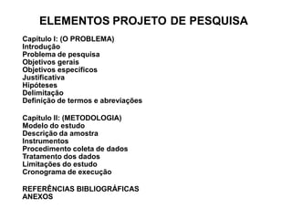 ELEMENTOS PROJETO
Capítulo I: (O PROBLEMA)
Introdução
Problema de pesquisa
Objetivos gerais
Objetivos específicos
Justificativa
Hipóteses
Delimitação
Definição de termos e abreviações
DE PESQUISA
Capítulo II: (METODOLOGIA)
Modelo do estudo
Descrição da amostra
Instrumentos
Procedimento coleta de dados
Tratamento dos dados
Limitações do estudo
Cronograma de execução
REFERÊNCIAS BIBLIOGRÁFICAS
ANEXOS
 
