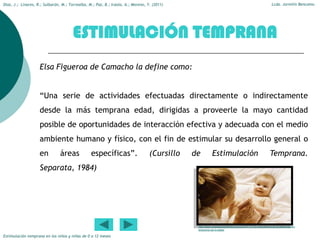 Díaz, J.; Linares, R.; Sulbarán, M.; Torrealba, M.; Paz, B.; Iraola, A.; Moreno, Y. (2011)                                                                Lcda. Jormilis Bencomo.




                                       ESTIMULACIÓN TEMPRANA
                    Elsa Figueroa de Camacho la define como:


                    “Una serie de actividades efectuadas directamente o indirectamente
                    desde la más temprana edad, dirigidas a proveerle la mayo cantidad
                    posible de oportunidades de interacción efectiva y adecuada con el medio
                    ambiente humano y físico, con el fin de estimular su desarrollo general o
                    en          áreas            específicas”.                    (Cursillo   de          Estimulación                                   Temprana.
                    Separata, 1984)




                                                                                               http://www.creciendoenfamilia.com.do/2011/01/la-importancia-de-la-estimulación-
                                                                                               temprana-de-tu-bebe/

Estimulación temprana en los niños y niñas de 0 a 12 meses
 