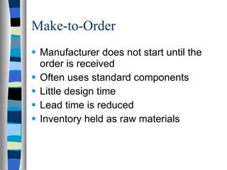 Make-to-Order Manufacturer does not start until the order is received Often uses standard components Little design time Lead time is reduced Inventory held as raw materials 