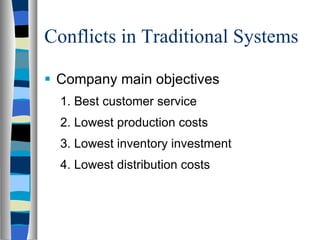Conflicts in Traditional Systems Company main objectives 1. Best customer service 2. Lowest production costs 3. Lowest inventory investment 4. Lowest distribution costs 