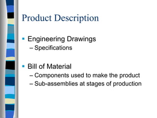 Product Description Engineering Drawings Specifications Bill of Material Components used to make the product Sub-assemblies at stages of production 