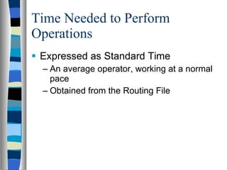 Time Needed to Perform Operations Expressed as Standard Time An average operator, working at a normal pace Obtained from the Routing File 