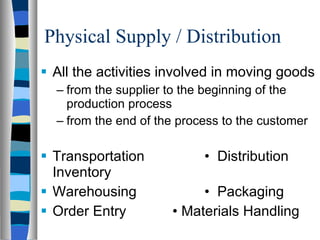 Physical Supply / Distribution All the activities involved in moving goods  from the supplier to the beginning of the production process from the end of the process to the customer Transportation  •  Distribution Inventory Warehousing  •  Packaging Order Entry  • Materials Handling 