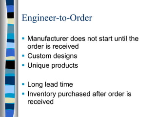 Engineer-to-Order Manufacturer does not start until the order is received Custom designs Unique products Long lead time Inventory purchased after order is received 