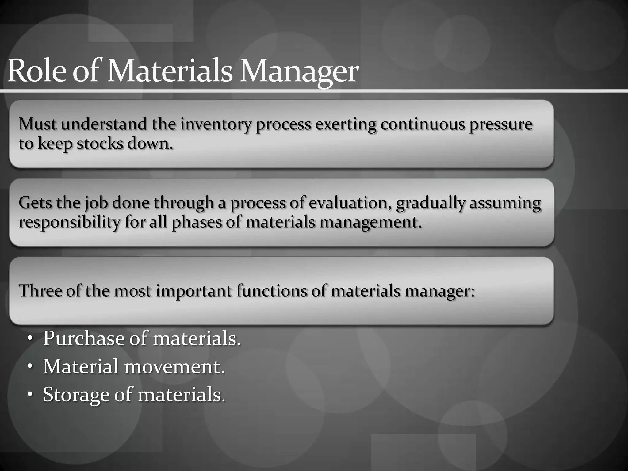 Roleof Materials Manager
Must understand the inventory process exerting continuous pressure
to keep stocks down.
Gets the job done through a process of evaluation, gradually assuming
responsibility for all phases of materials management.
Three of the most important functions of materials manager:
• Purchase of materials.
• Material movement.
• Storage of materials.
 