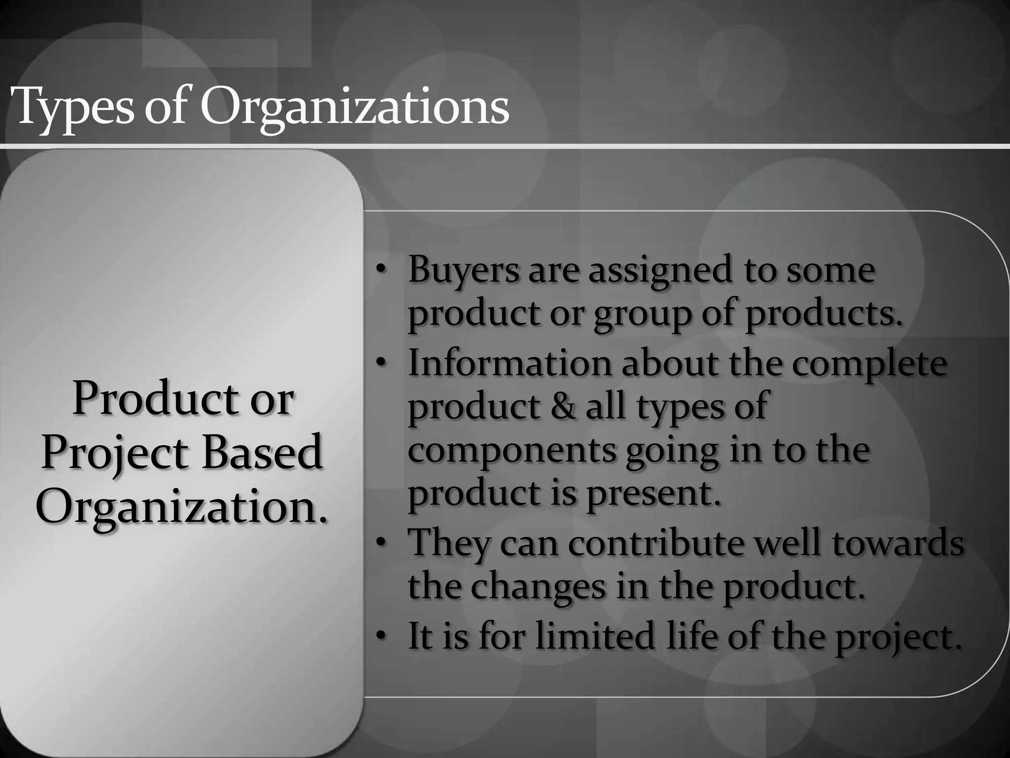 Typesof Organizations
• Buyers are assigned to some
product or group of products.
• Information about the complete
product & all types of
components going in to the
product is present.
• They can contribute well towards
the changes in the product.
• It is for limited life of the project.
Product or
Project Based
Organization.
 