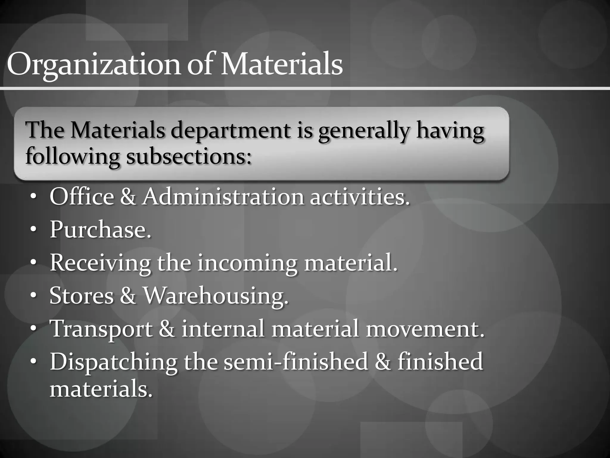 Organizationof Materials
The Materials department is generally having
following subsections:
• Office & Administration activities.
• Purchase.
• Receiving the incoming material.
• Stores & Warehousing.
• Transport & internal material movement.
• Dispatching the semi-finished & finished
materials.
 