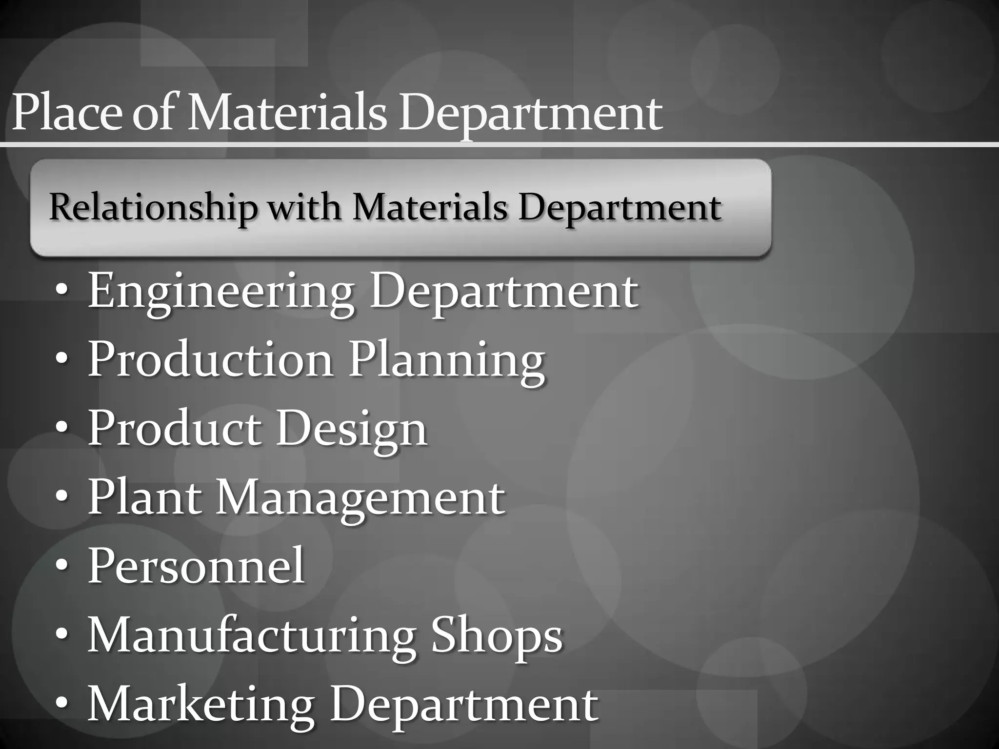 Placeof Materials Department
Relationship with Materials Department
• Engineering Department
• Production Planning
• Product Design
• Plant Management
• Personnel
• Manufacturing Shops
• Marketing Department
 