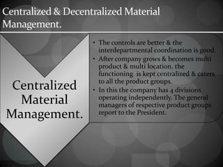 Centralized & Decentralized Material
Management.
Centralized
Material
Management.
• The controls are better & the
interdepartmental coordination is good.
• After company grows & becomes multi
product & multi location, the
functioning is kept centralized & caters
to all the product groups.
• In this the company has 4 divisions
operating independently. The general
managers of respective product groups
report to the President.
 