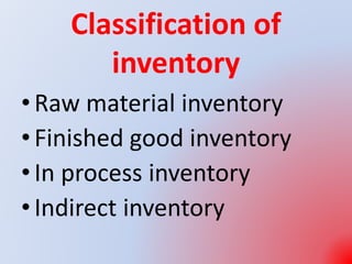 Classification of
inventory
•Raw material inventory
•Finished good inventory
•In process inventory
•Indirect inventory
 